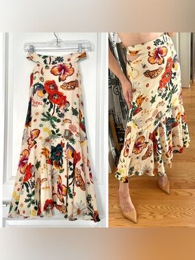 Tropical Retro Print Midi Skirt High Waist Peekaboo Cutouts Floral Orchid